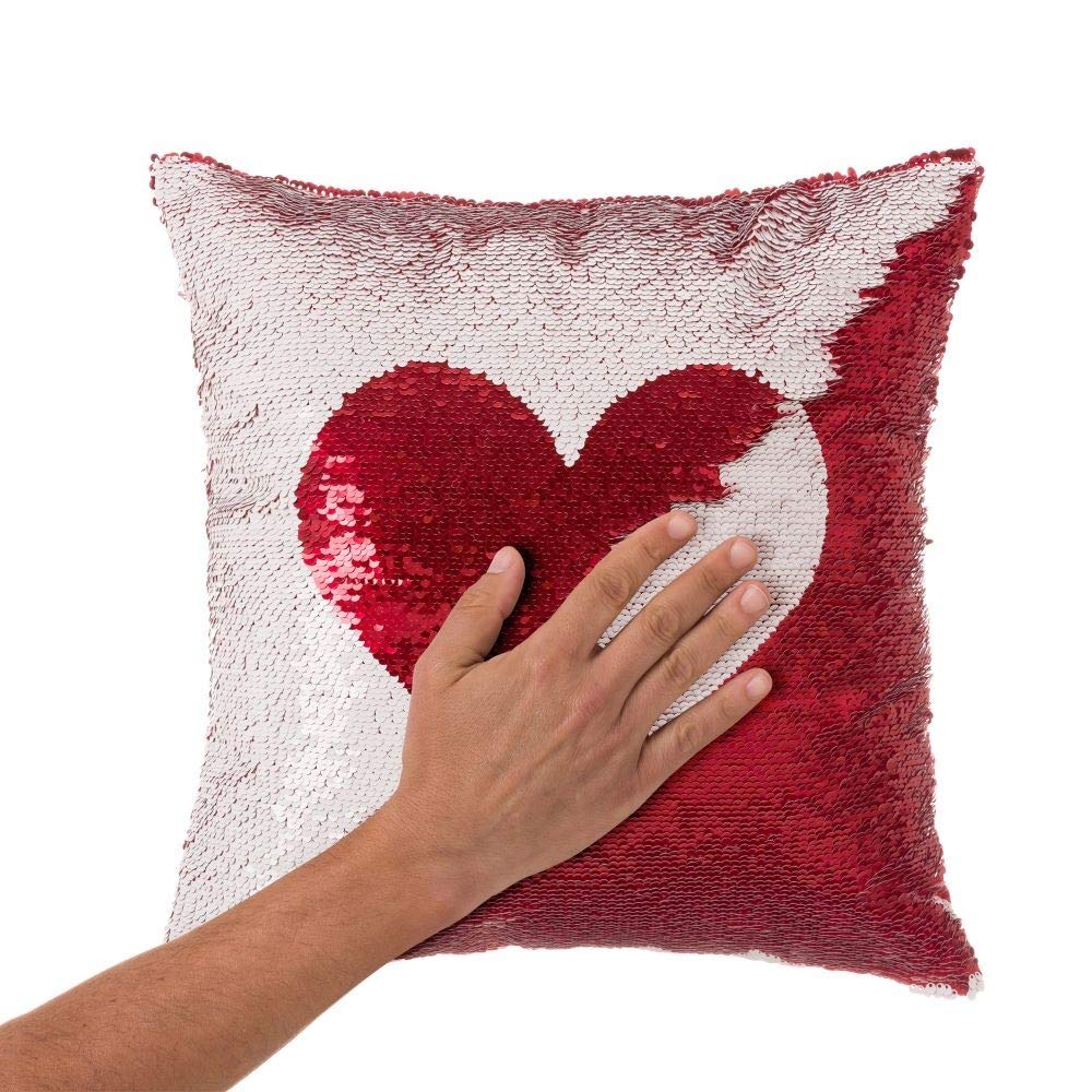 Cojín lentejuelas reversibles corazon blanco rojo 40x40