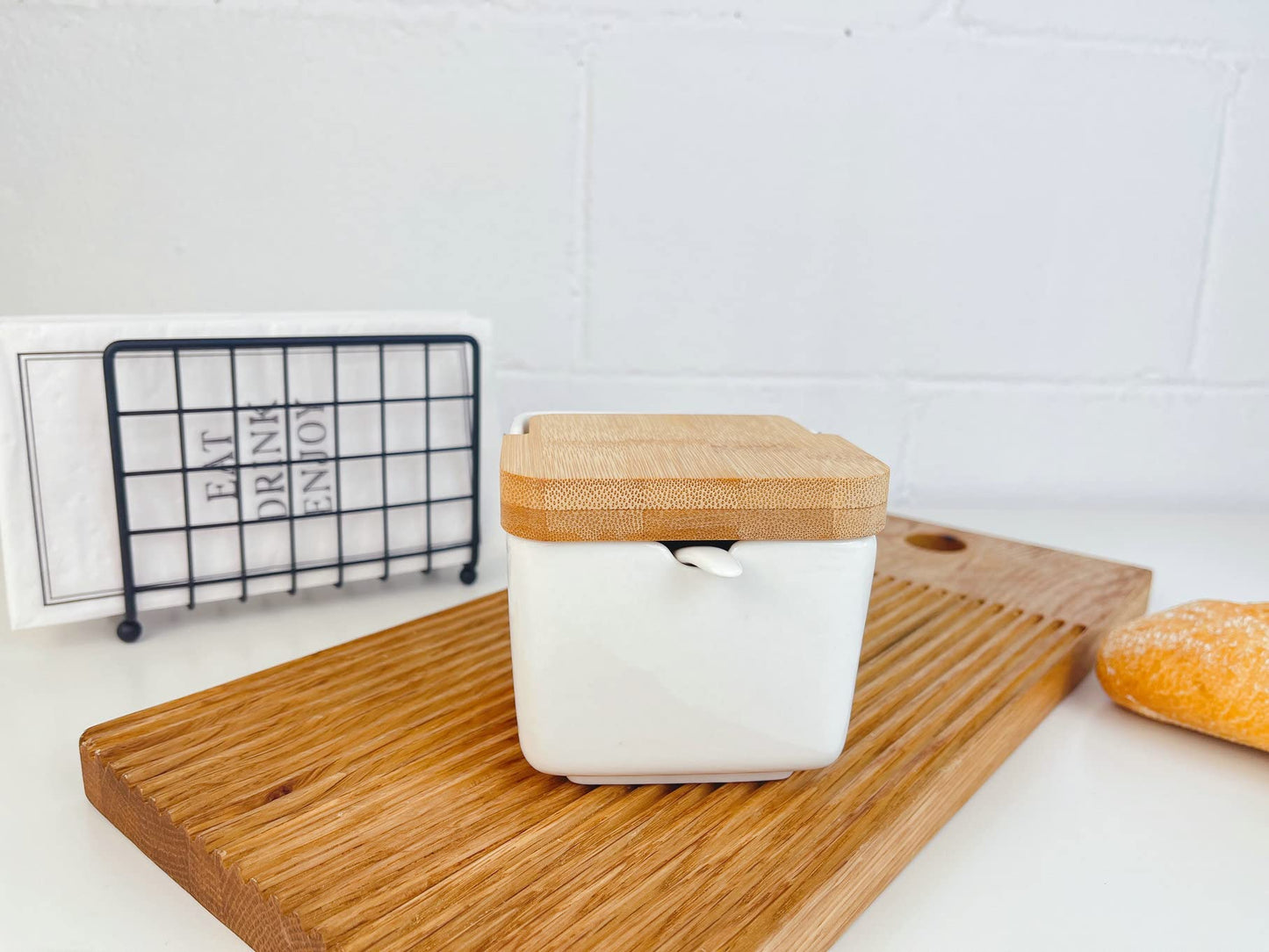 Salero y azucarero Cocina Negro Ceramica con Tapa Madera para Cocina Factory