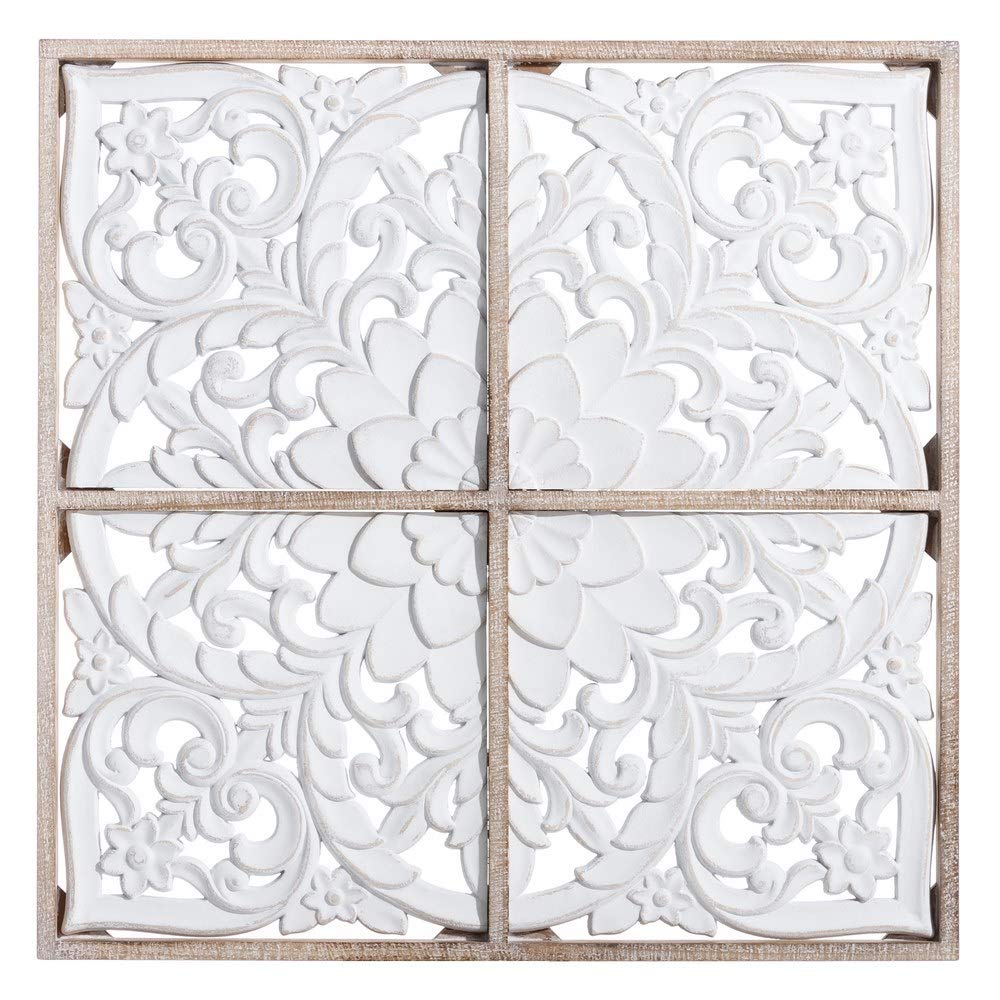 Mural de Flores Tallado exótico de Madera Blanco de 81x81 cm