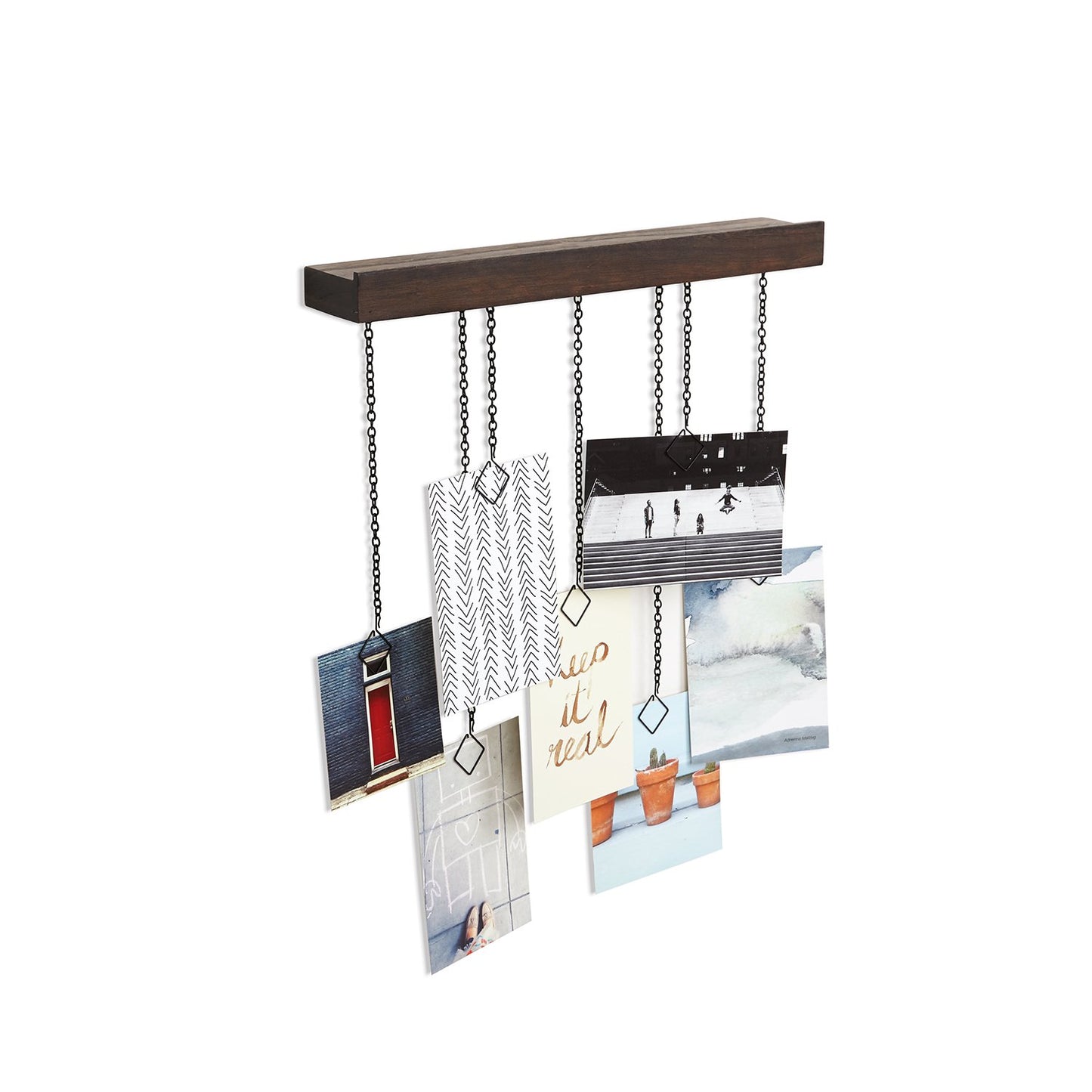 cascada Photo Display. Portafotos de cascada, acabado de madera nogal, y pequeña estante. Dimensión 35,7 x 35,6 x 6,3 cm