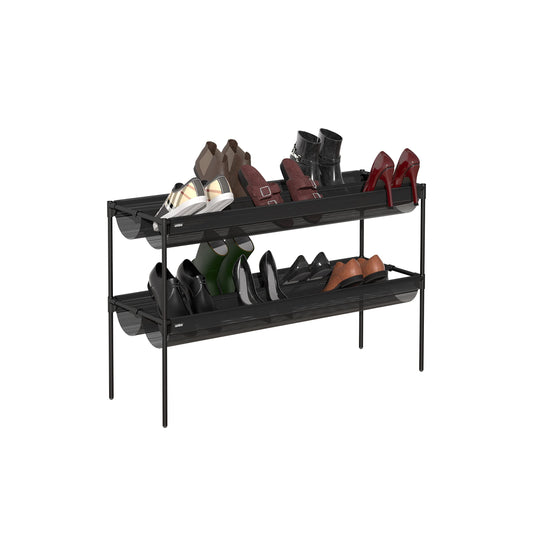 Zapatero organizador de zapatos, apilable, dos niveles, con ranuras textiles, capacidad para hasta 16 pares de zapatos, color negro