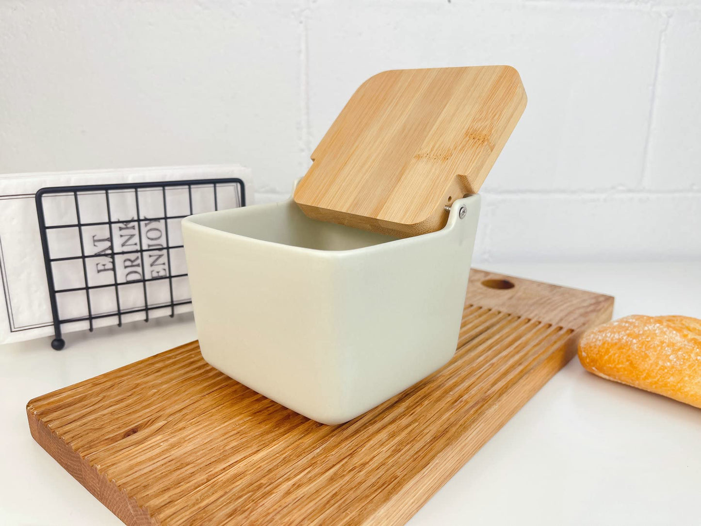 Salero y azucarero Cocina Negro Ceramica con Tapa Madera para Cocina Factory