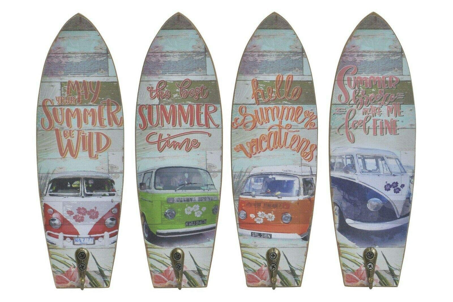 Set 4 Cuadro de Pared Madera Perchero Vintage Furgoneta 22x7 cm