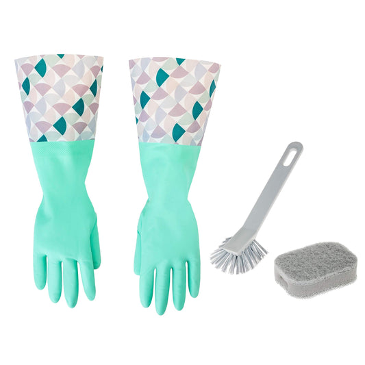 Juego esencial de limpieza de platos de 3 piezas, incluye cepillo para platos, esponja de tres capas y guantes para lavar platos