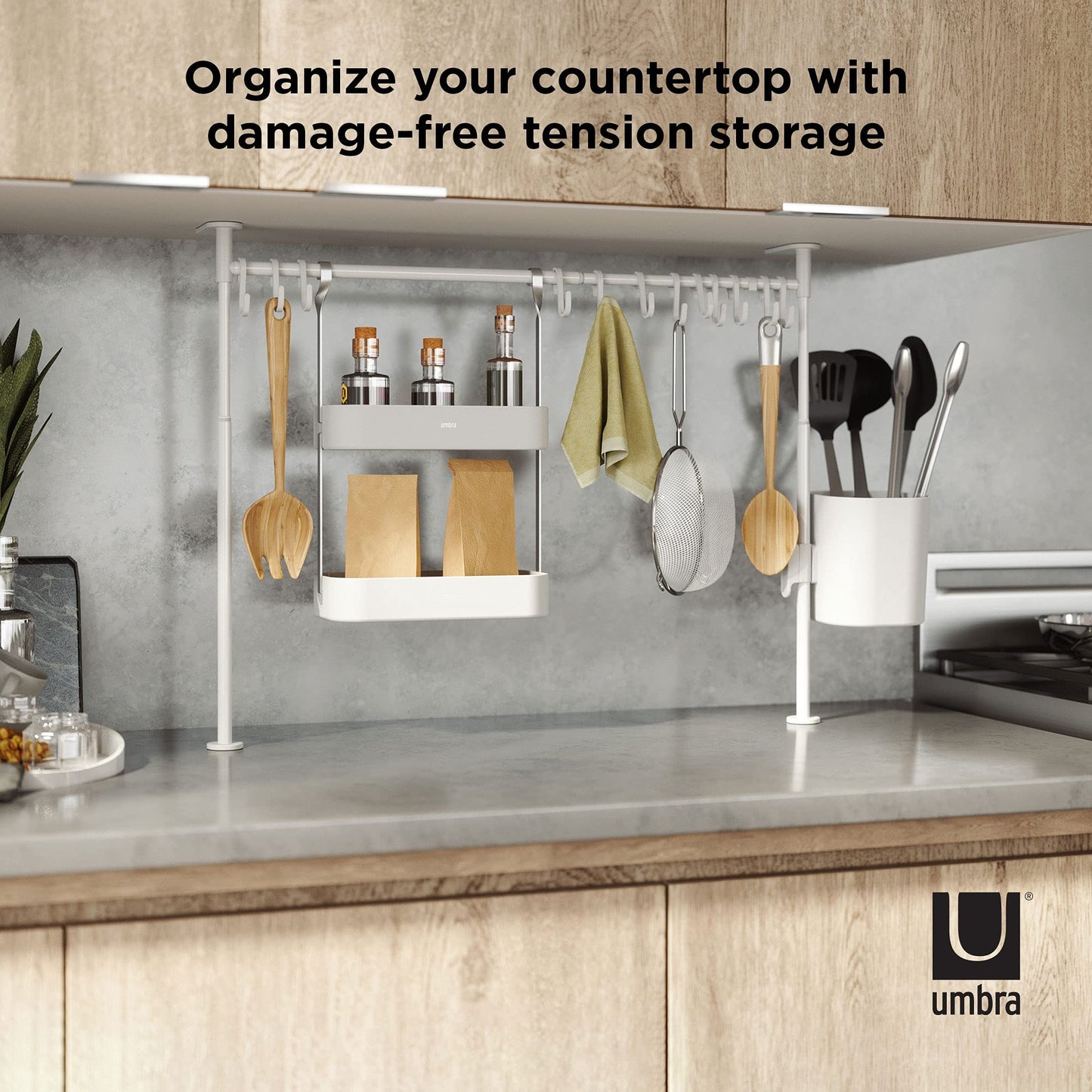 Anywhere, organizador de cocina con recipiente para utensilios y barras de tensión, Blanco