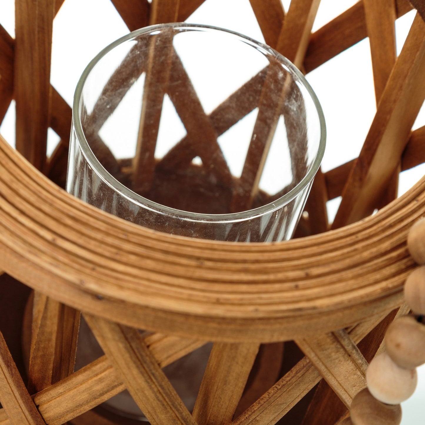 Farol portavelas étnico marrón de madera para salón Sol Naciente