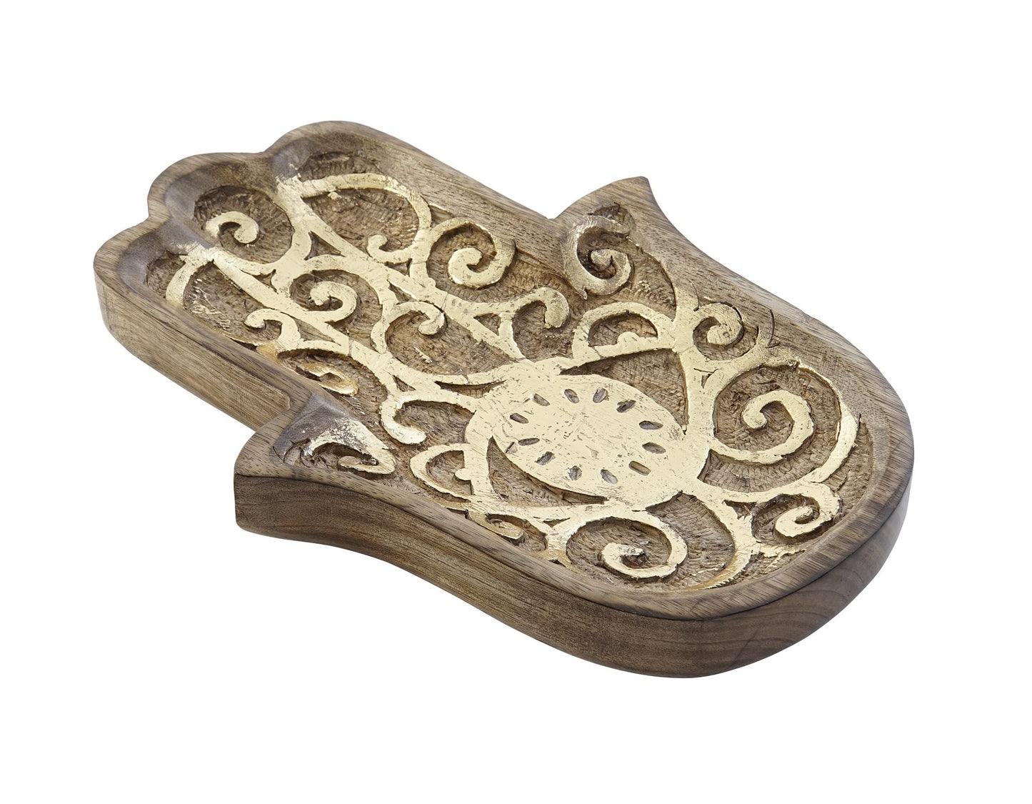 Bandeja vaciabolsillos Mano de Madera Mango Hamsa Tallado, Oscuro, 30X22X4