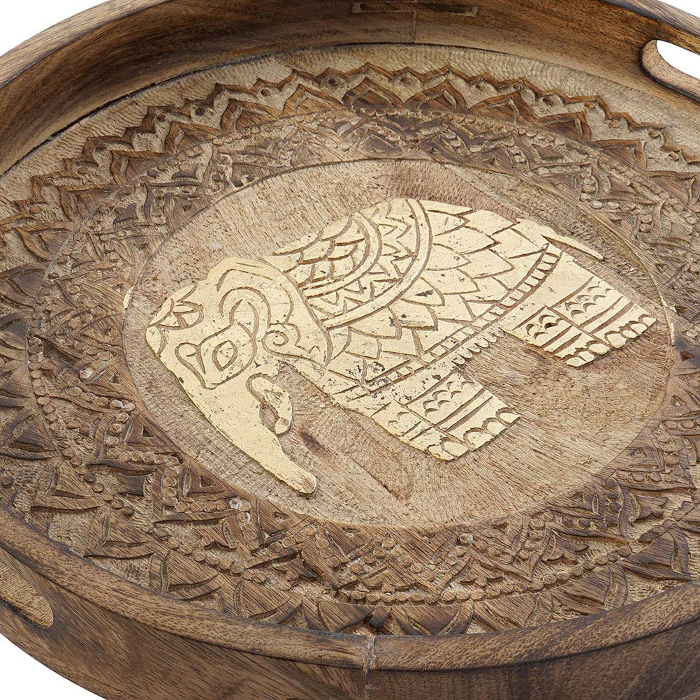 Bandeja Redondo de Madera Mango Tallado Elefantes decape