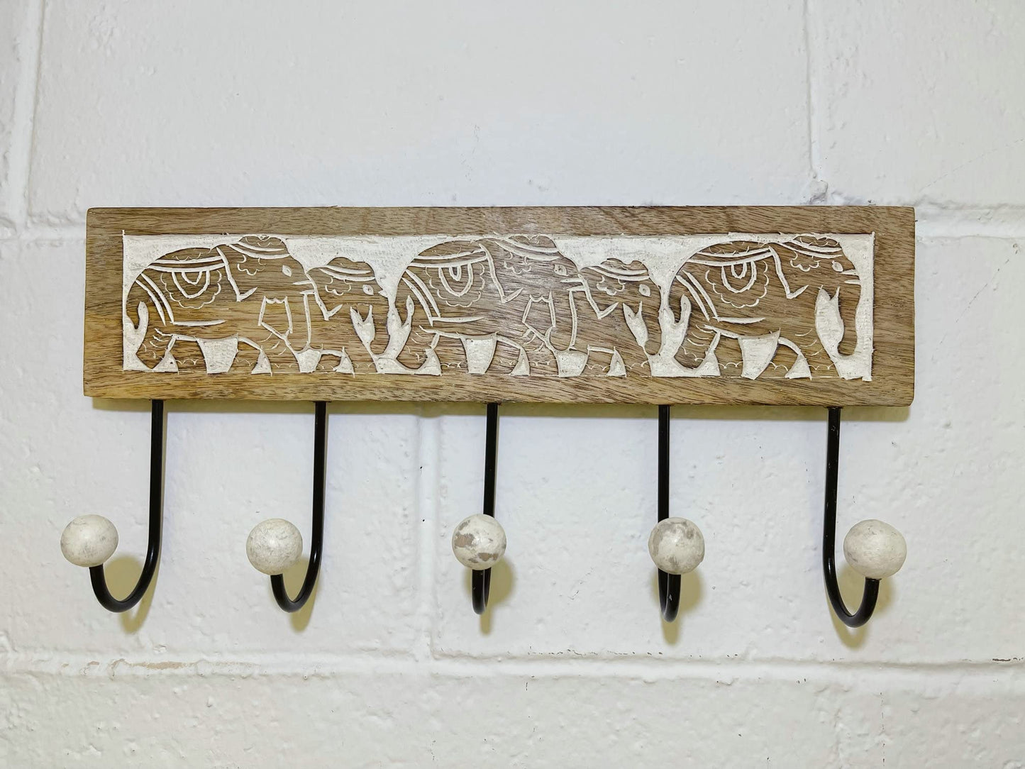Perchero Pared 5 Colgador Madera Tallada Elefante 38x18 cm