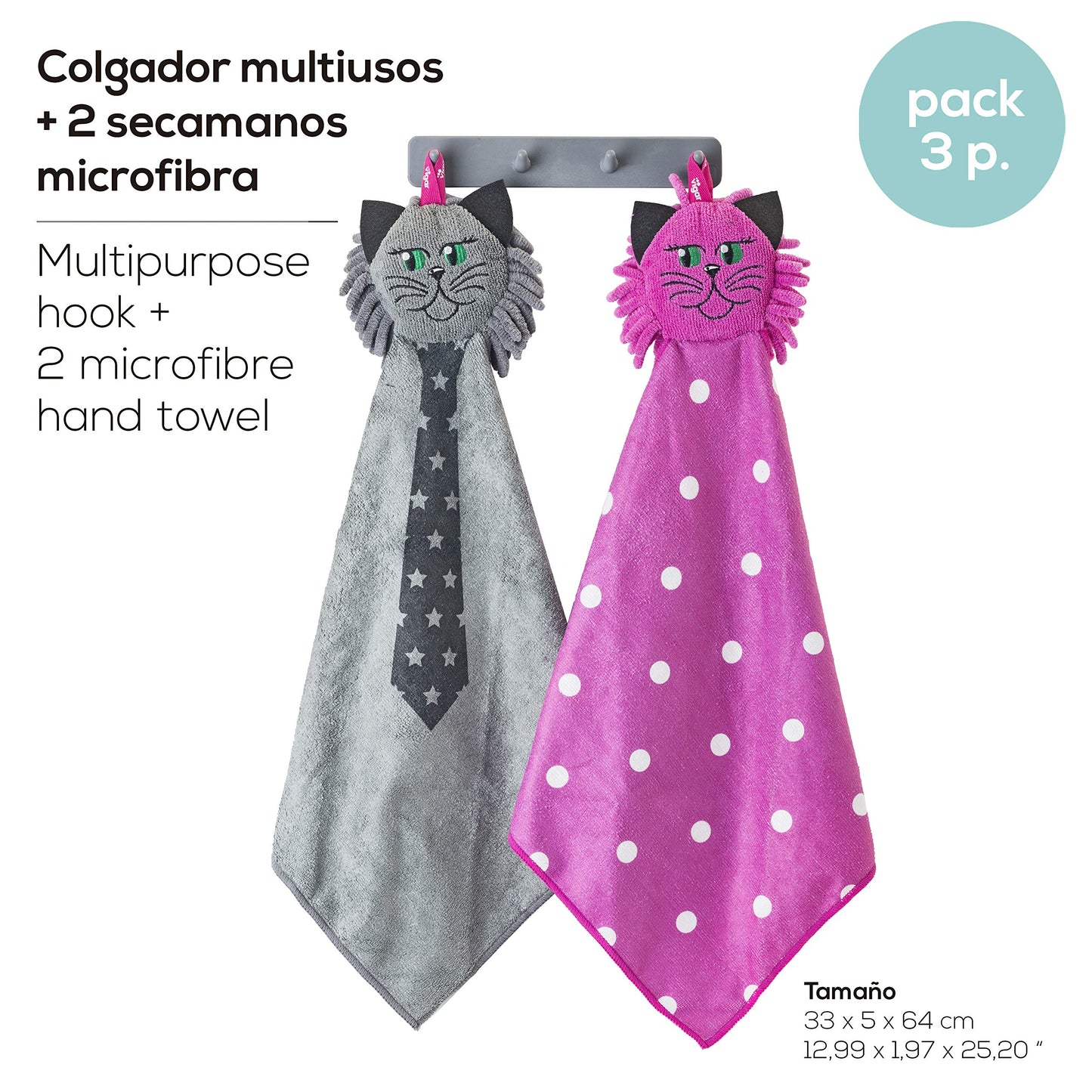 Vigar - Félix - Set Paños Secamanos de Microfibra y Colgador de Gancho