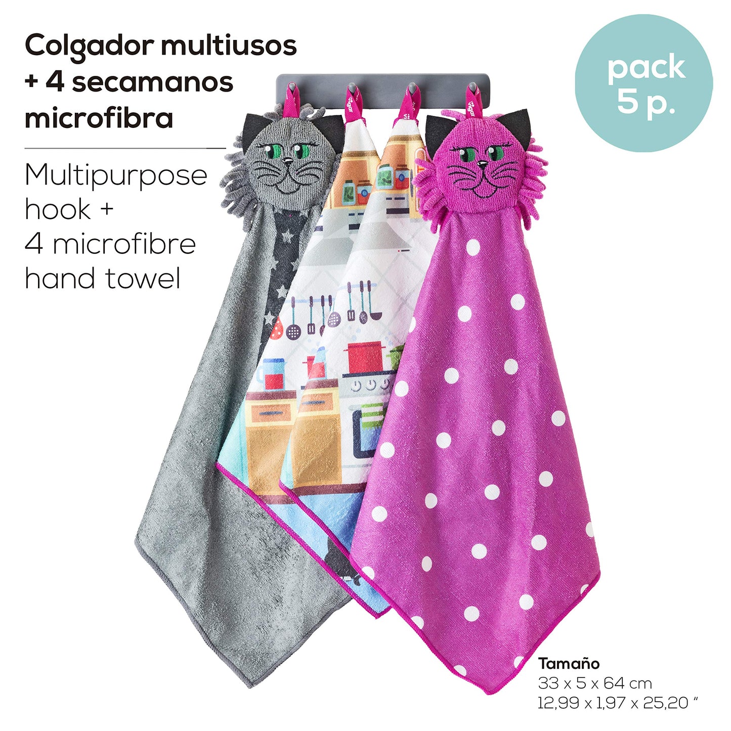 Vigar - Félix - Set Paños Secamanos de Microfibra y Colgador de Gancho